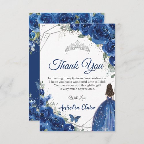 Quinceaera Royal Blue Floral Princess Birthday  Thank You Card
