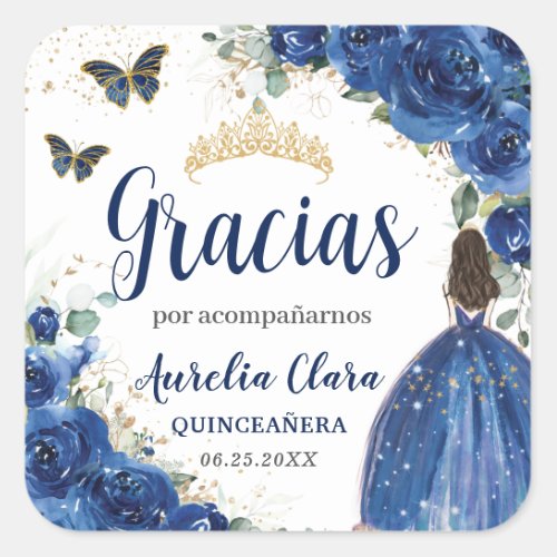 Quinceaera Royal Blue Floral Princess Dress Gold Square Sticker