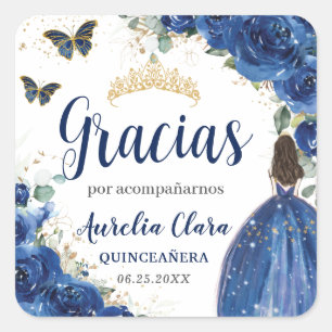Quinceañera Royal Blue Floral Princess Dress Gold Square Sticker