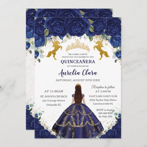 Quinceañera Royal Blue Floral Princess Gold Horses Invitation