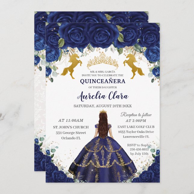 Quinceañera Royal Blue Floral Princess Gold Horses Invitation (Front/Back)