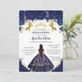 Quinceañera Royal Blue Floral Princess Gold Horses Invitation (Standing Front)