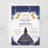 Quinceañera Royal Blue Floral Princess Gold Horses Invitation (Front)