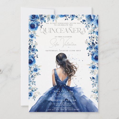 Quinceaera Royal blue Floral Princess Invitation