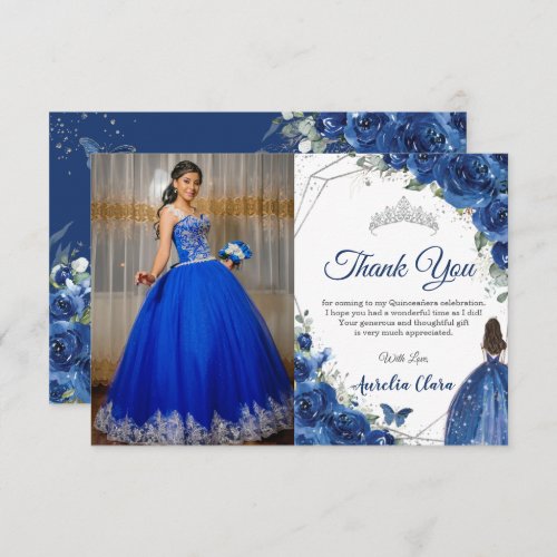 Quinceaera Royal Blue Floral Princess Picture Thank You Card