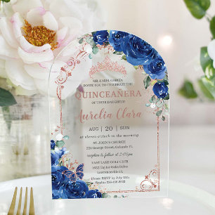 Quinceañera Royal Blue Floral Rose Gold 16th Arch Acrylic Invitations