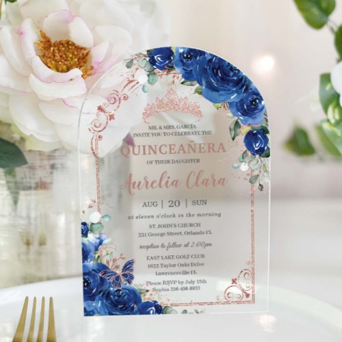 Quincea&#241;era Royal Blue Floral Rose Gold 16th Arch Acrylic Invitations