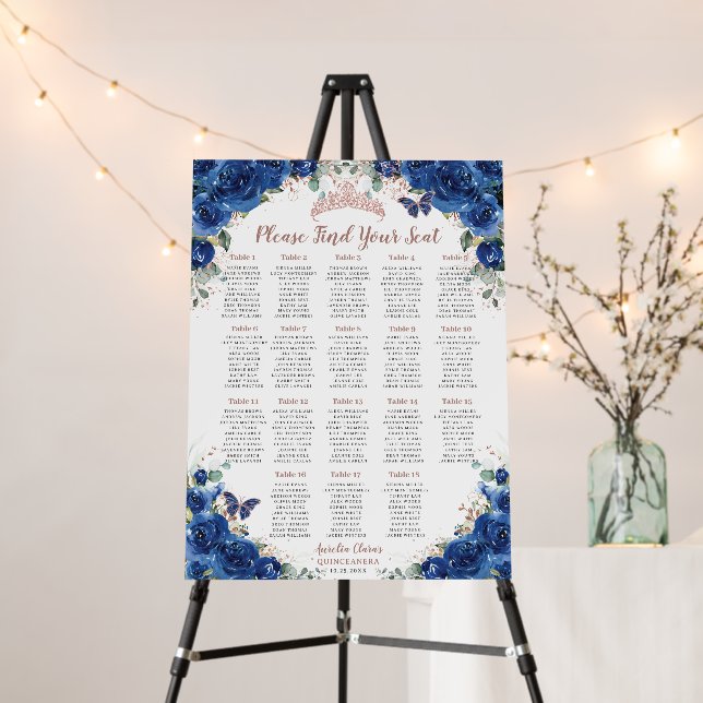 Quinceañera Royal Blue Floral Rose Gold Seating Foam Board (In Situ (Stand))