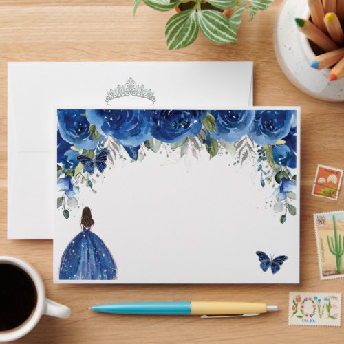 Quinceaera Royal Blue Floral Silver Butterflies Envelope