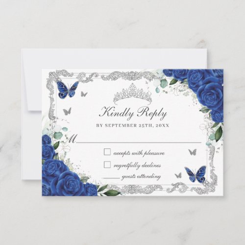 Quinceaera Royal Blue Floral Silver Butterflies  RSVP Card