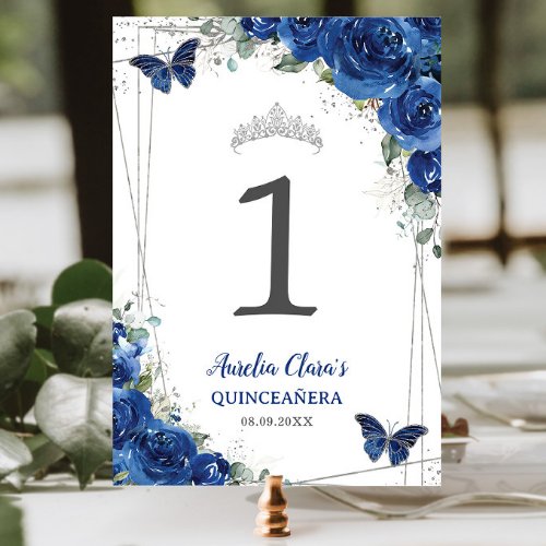 Quinceaera Royal Blue Floral Silver Butterflies Table Number