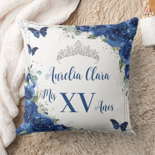 Quinceaera Royal Blue Floral Silver Butterflies Throw Pillow