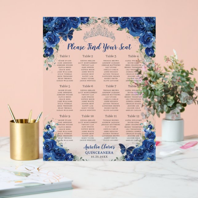 Quinceañera Royal Blue Floral Silver Seating Chart (Wedding)