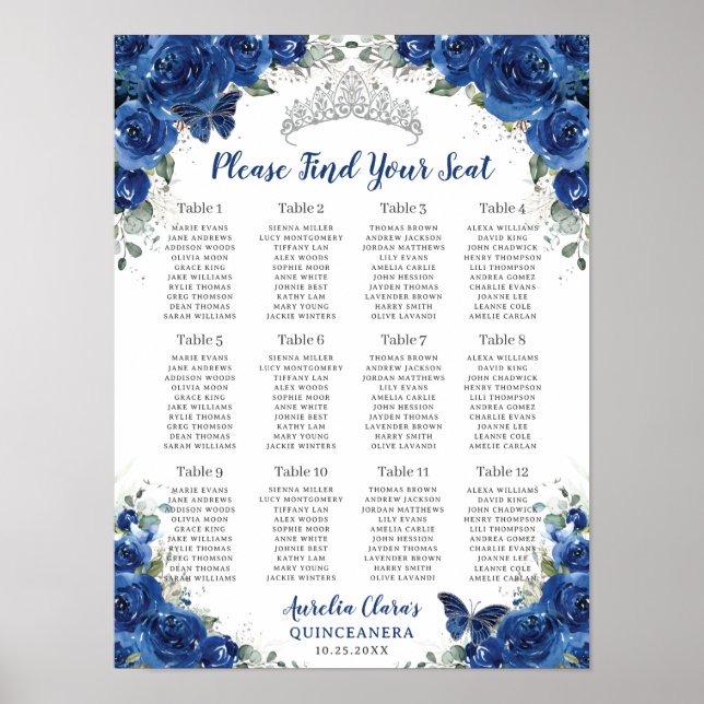 Quinceañera Royal Blue Floral Silver Seating Chart (Front)