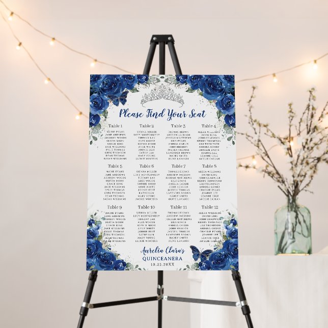 Quinceañera Royal Blue Floral Silver Seating Chart Foam Board (In Situ (Stand))