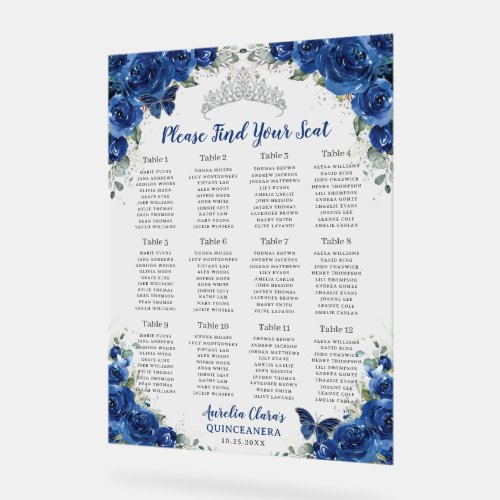Quinceaera Royal Blue Floral Silver Seating Seat Acrylic Sign