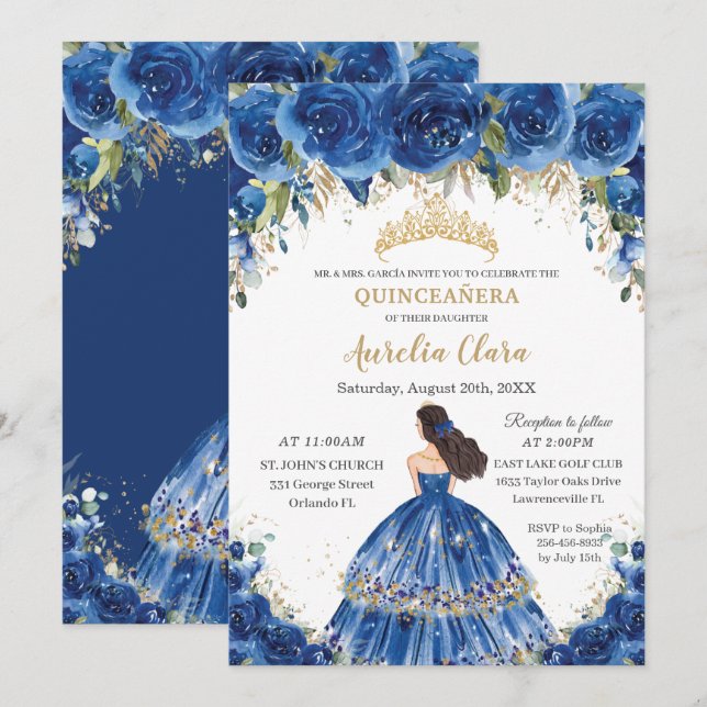 Quinceañera Royal Blue Floral Tiara 15th Birthday Invitation (Front/Back)