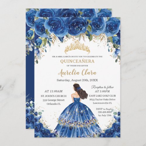 Quinceaera Royal Blue Floral Tiara 15th Birthday Invitation