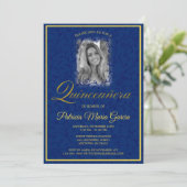 Quinceañera Royal blue floral vines with photo Invitation (Standing Front)