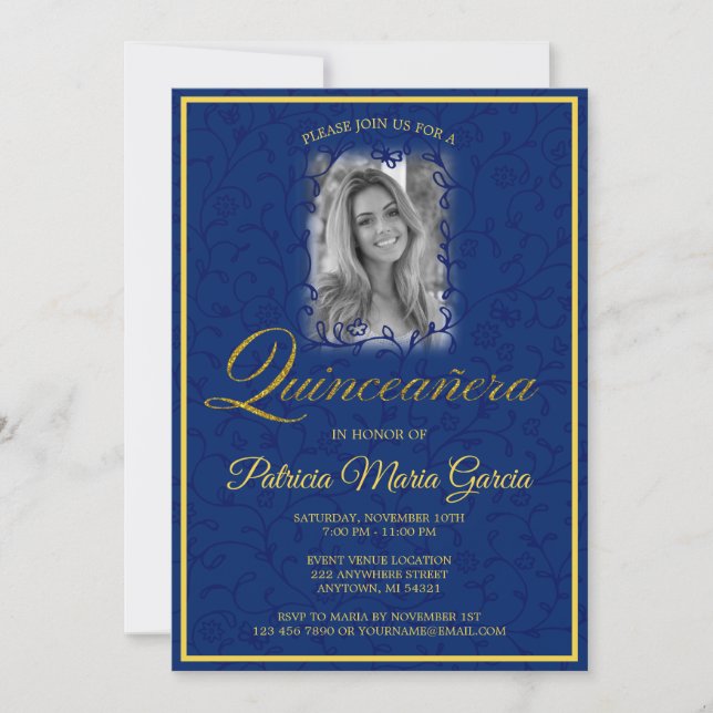 Quinceañera Royal blue floral vines with photo Invitation (Front)