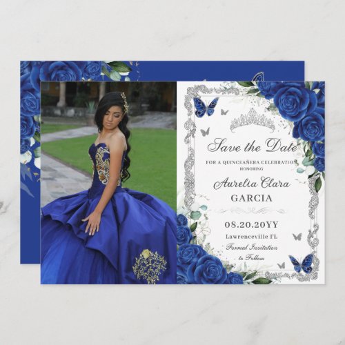 Quinceaera Royal Blue Floral Vintage Silver Photo Save The Date