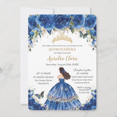 Quinceaera Royal Blue Flowers Butterflies Tiara Invitation