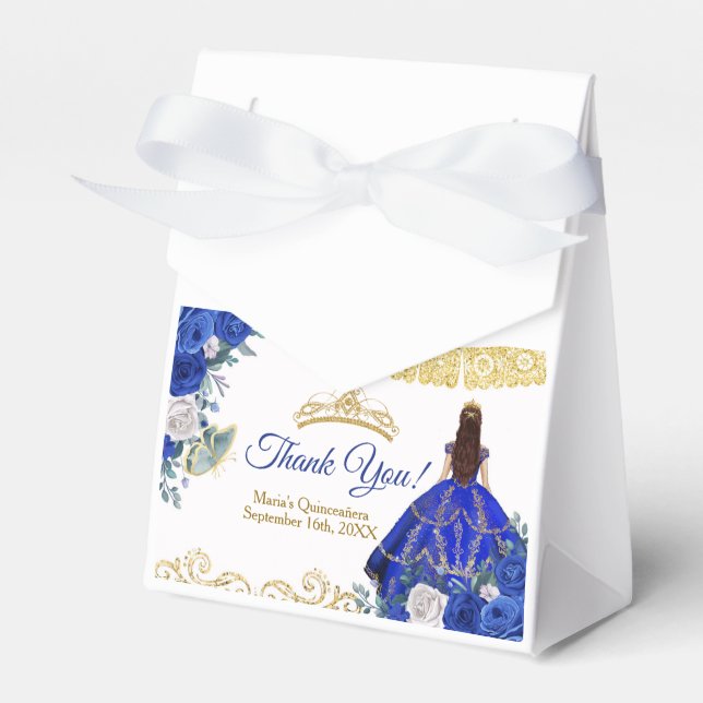 Quinceañera Royal Blue Flowers Party Favor Box (Front Side)