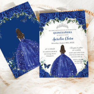 Quinceañera Royal Blue Flowers Princess Birthday Invitation