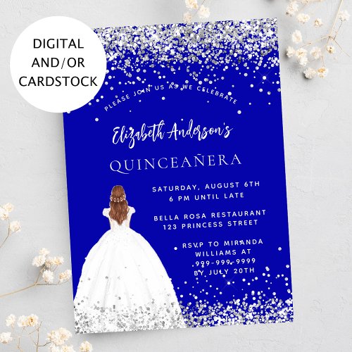 Quinceanera royal blue glitter dress invitation