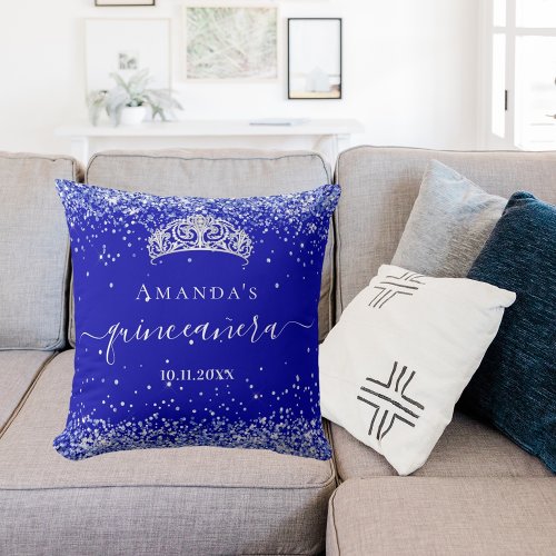 Quinceanera royal blue glitter dust tiara name throw pillow