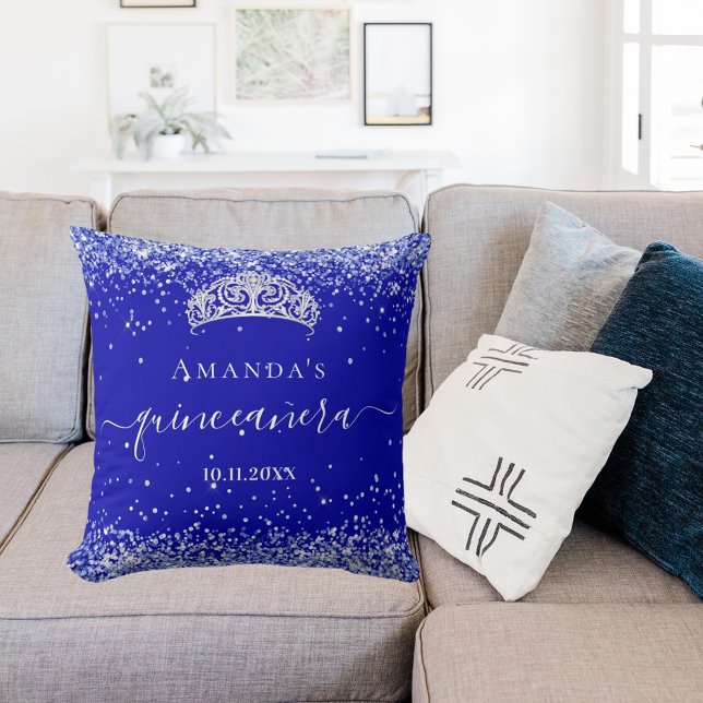 Quinceanera royal blue glitter dust tiara name throw pillow (Creator Uploaded)