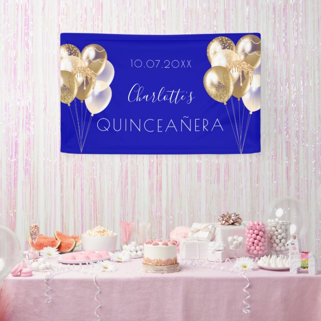 Quinceanera royal blue gold balloons party banner (Party)