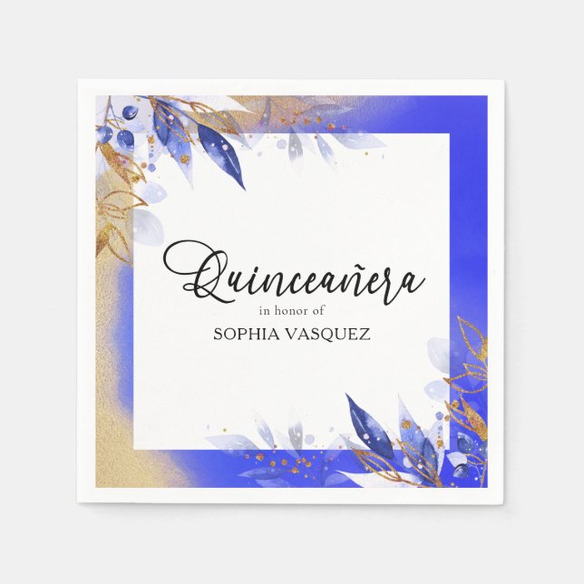 Quinceanera Royal Blue Gold Botanica Personalized Napkins (Front)