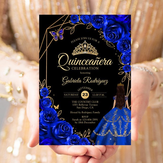 Quinceanera Royal Blue Gold Butterfly Dress Floral Invitation (Creator Uploaded)