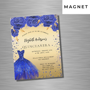 Quinceanera royal blue gold dress florals luxury magnetic invitation