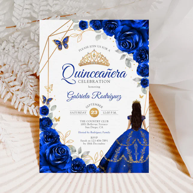 Quinceanera Royal Blue Gold Dress Invitation | Zazzle