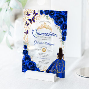 Quinceanera Royal Blue Gold Floral Acrylic Invitations