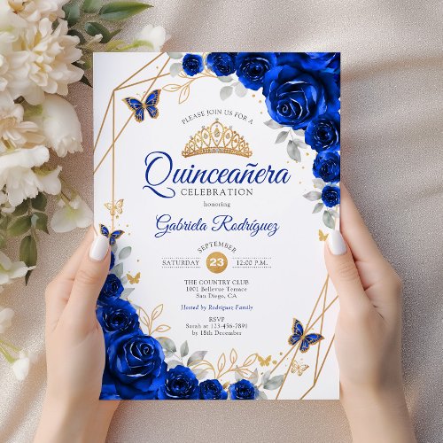 Quinceanera Royal Blue Gold Floral Invitation