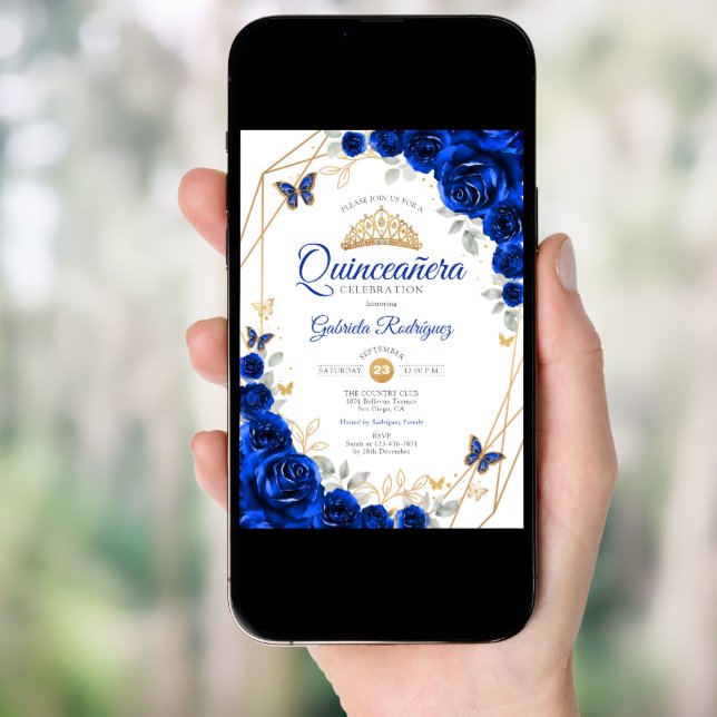 Quinceanera Royal Blue Gold Floral Invitation (Front Digital)