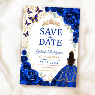 Quinceanera Royal Blue Gold Floral Save The Date