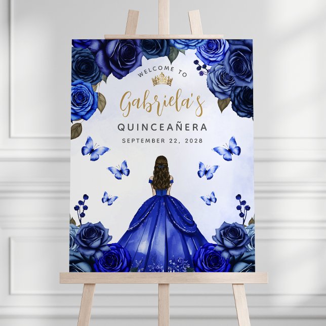 Quinceañera Royal Blue Gold Floral Welcome Foam Board (Creator Uploaded)