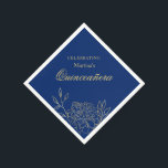 Quinceanera Royal Blue Gold Flowers 15th Birthday Napkins<br><div class="desc">Elegant napkins for your Royal Blue Quinceanera Celebration. The template is set up ready for you to personalize the design with the Birthday girl's name. The wording reads "celebrating [name's] Quinceanera" in a refined pairing of stately Flemish Script and classic typography. The dark royal blue provides a trendy background for...</div>