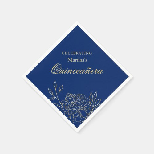 Quinceanera Royal Blue Gold Flowers 15th Birthday Napkins