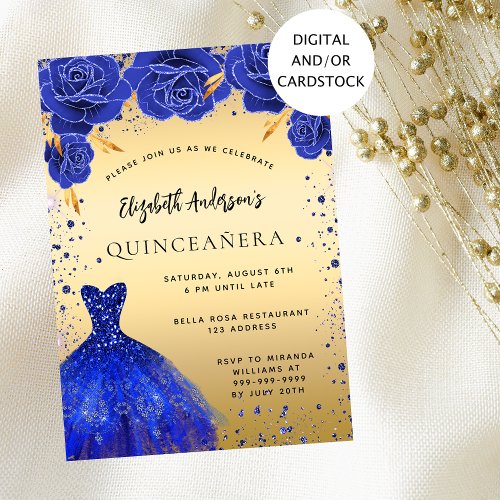 Quinceanera royal blue gold glitter dress florals invitation