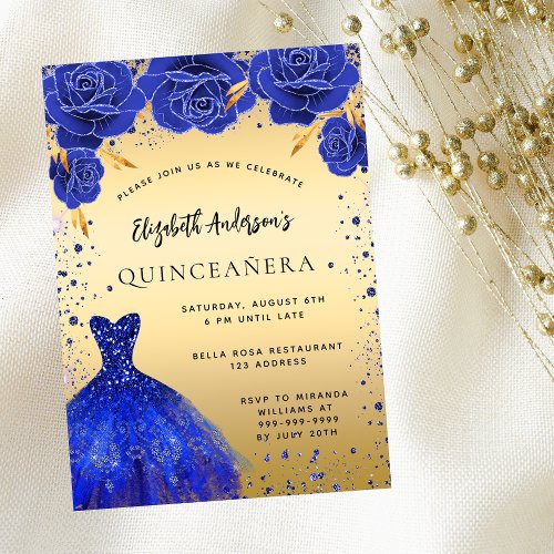 Quinceanera royal blue gold glitter dress florals invitation postcard