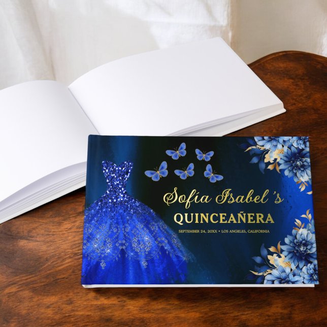 Quinceañera Royal Blue Gold Princess Butterflies Foil Guest Book (Creator Uploaded)