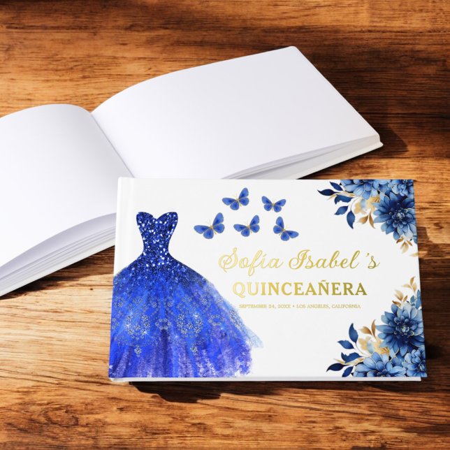 Quinceañera Royal Blue Gold Princess Butterflies Foil Guest Book (Creator Uploaded)