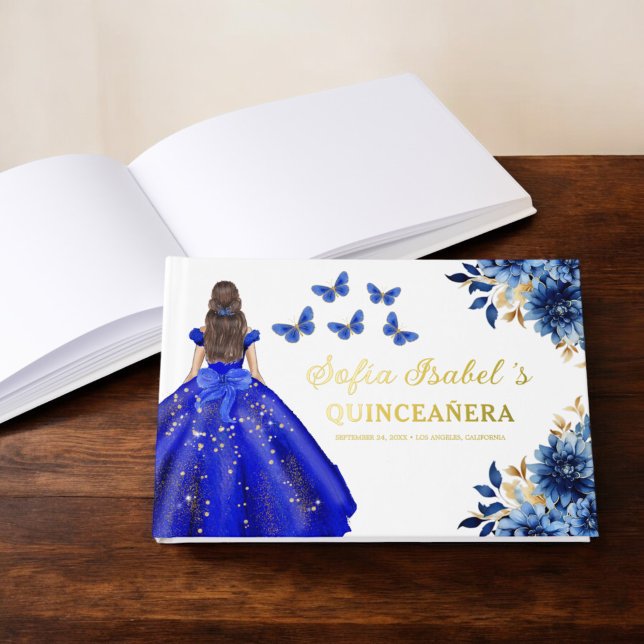 Quinceañera Royal Blue Gold Princess Butterflies Foil Guest Book (Creator Uploaded)