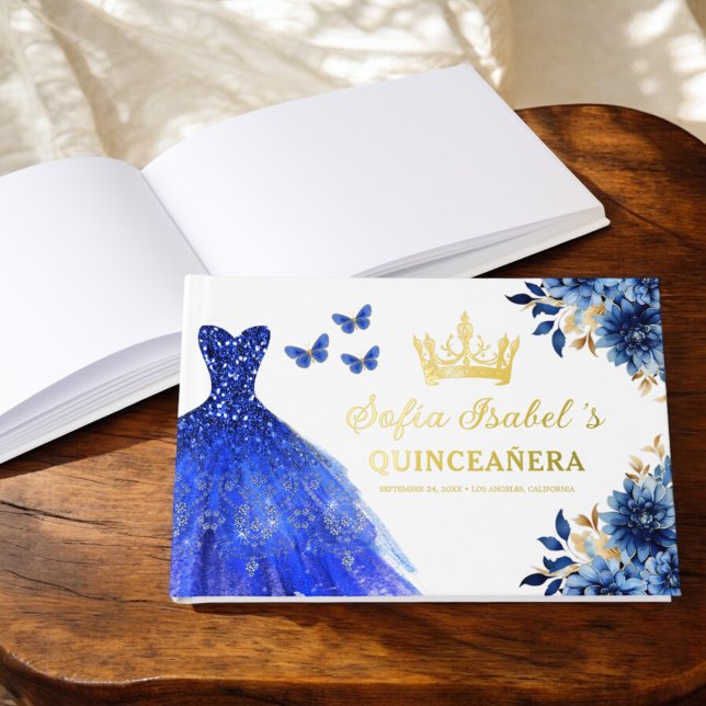 Quinceañera Royal Blue Gold Princess Butterflies Foil Guest Book (Creator Uploaded)