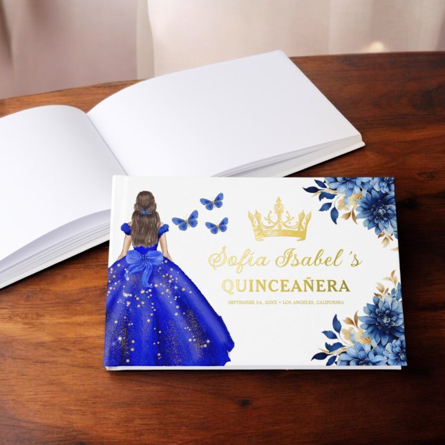 Quinceañera Royal Blue Gold Princess Butterflies Foil Guest Book (Creator Uploaded)